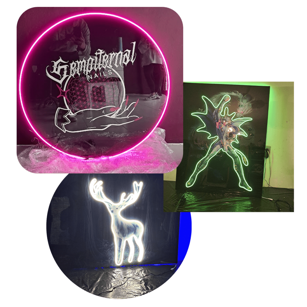 3 cuadros neon uno harry poter el otro de un estudio de uñas y los caballeros del zoodiaco
